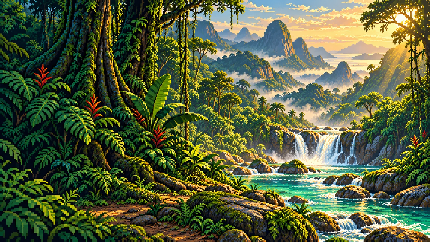 Mata Atlântica fantástica com rio, vegetação exuberante e montanhas ao amanhecer