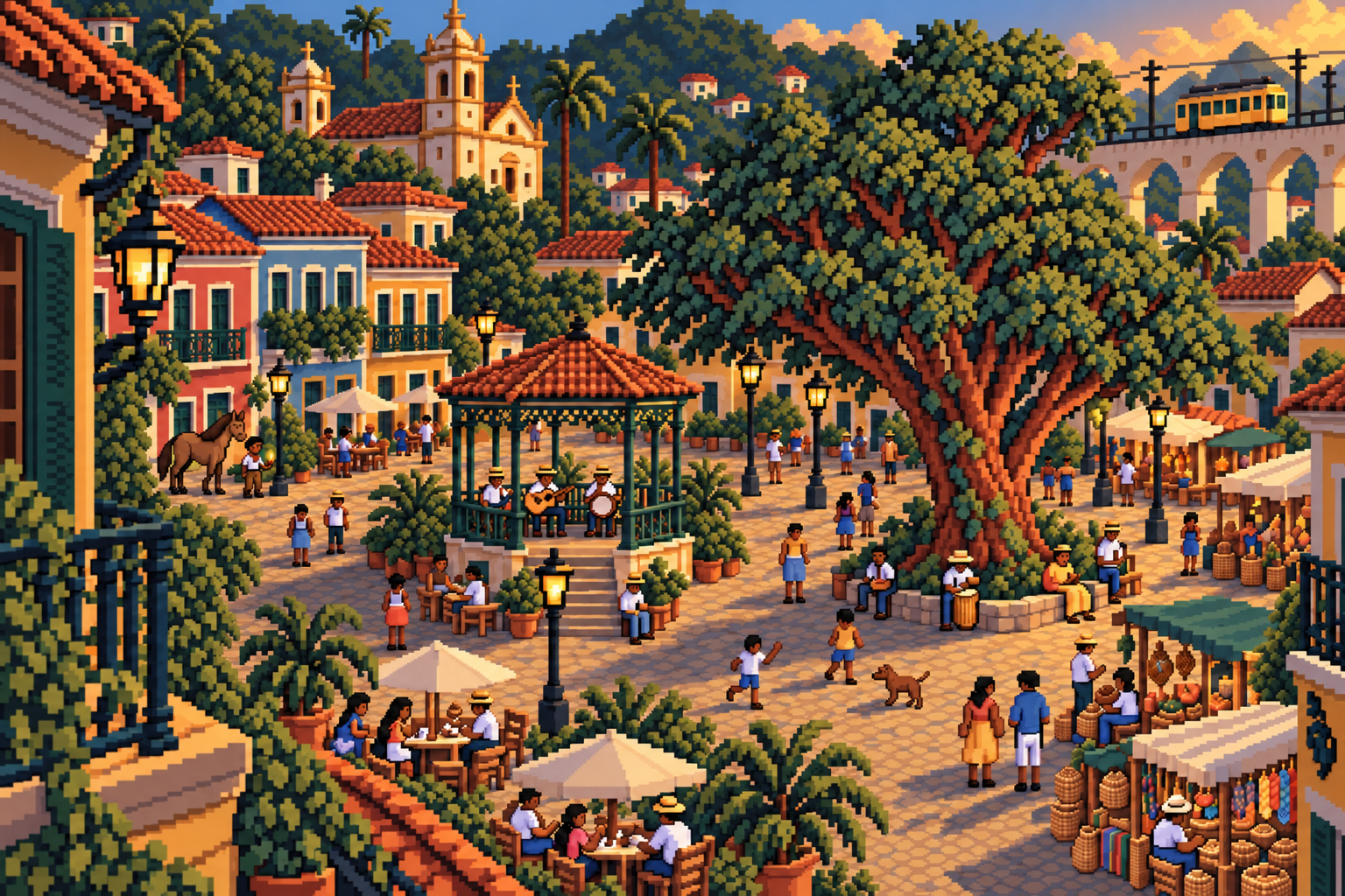 Praça do Rio fantástico em pixel art, com coreto, grande árvore, artesãos e moradores entre o casario e os Arcos da Lapa